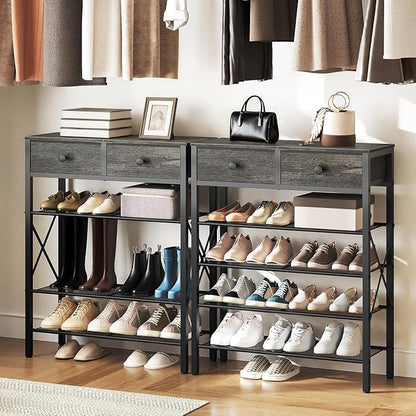 YATINEY 5 Tier Shoe Rack, Large Capacity Shoe Storage Organizer, Metal Shoe Shelf with Drawer and Wooden Top, for 20 Pairs of Shoes, for Entryway, Closet, Charcoal and Black SS25BCY1
