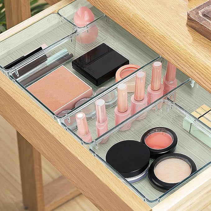 StorMiracle 25 PCS Drawer Organizer Set, 4 Varied Size Bathroom and kitchen Drawer cabinet organizer Trays, Clear Storage Bins for Makeup, Jewelry, Utensils and Gadgets