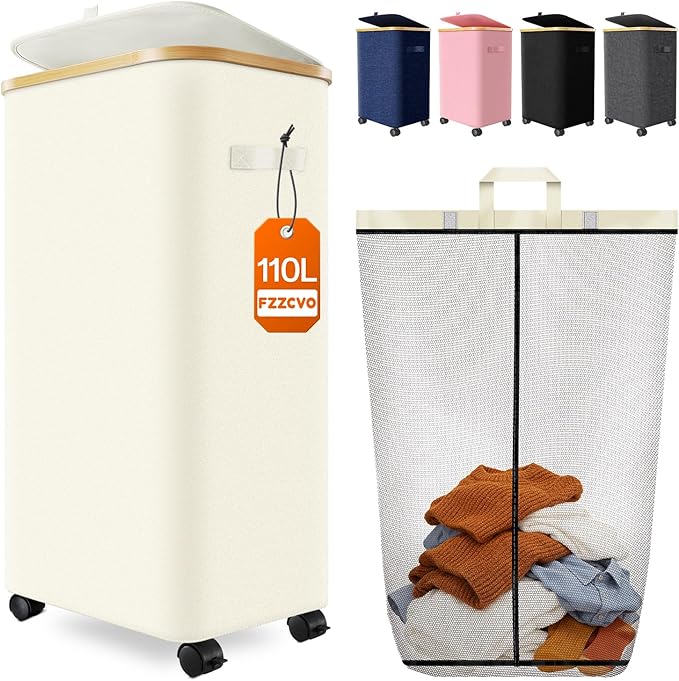 Laundry Hamper with Wheels, 110L Large Clothes Hamper with Removable Inner Bag, Collapsible Dirty Clothes Basket for Dorm, Rolling Dirty Clothes Basket for, Bedroom, Bathroom, Laundry Room