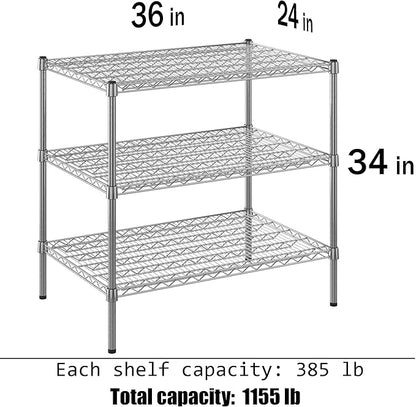 24" Deep x 36" Wide x 34" Height Wire Shelving Kit | 3-Tier | NSF Commercial Storage Rack Unit