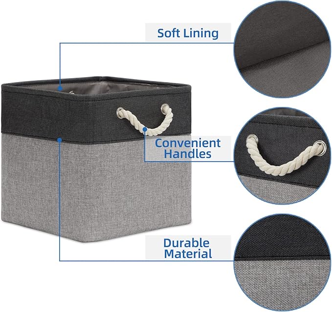 Temary Baskets 4 Pack Fabric Storage Cube Storage Baskets 13x13x13 Storage Cube Bins for Shelves with Handles, Basket for Organizing (Black&Gray)