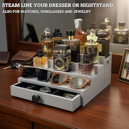 Wooden Cologne Organizer for Men 4 Tier | Dove Grey Perfume Holder Shelf for Dresser | High Grade Velvet Lining and Stylish Gift Box | Uncluttered Design Perfume Display Stand