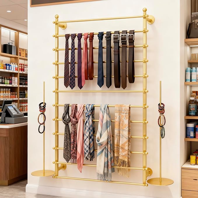 12 Layers 120cm Gold Wall Display Stand Wrapping Paper Ribbon Organizer Holder Storage Scarf Tie Belt Towel Spool Sewing Tool Hijab Metal Shelving for Home, Retail Stores, Flower Shop, Studio