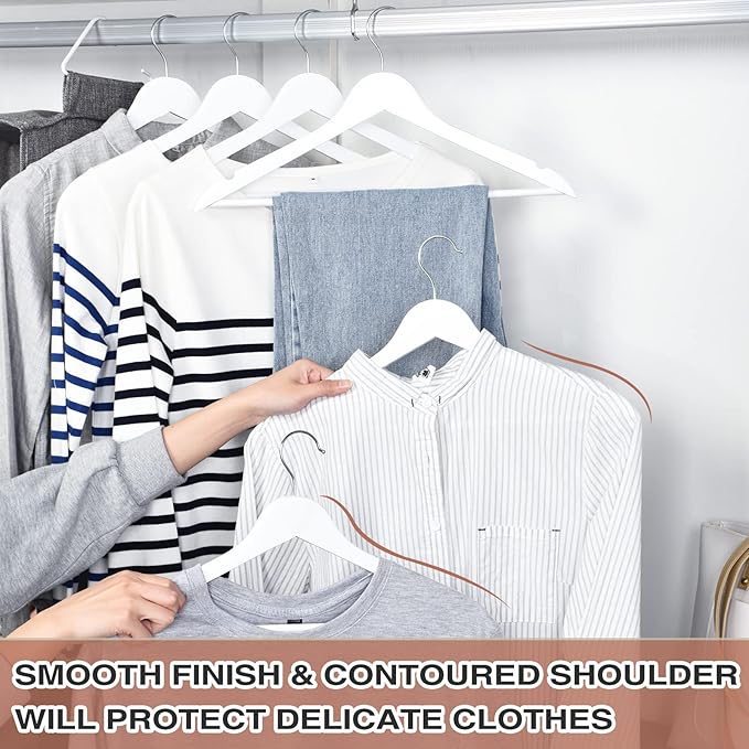 FairyHaus Wooden Hangers 30 Pack White, Slim Wood Coat Suits Hanger with 360° Swivel Hook, Notches and Pants Bar, Smooth Finish and Lightweight for Closet Clothes