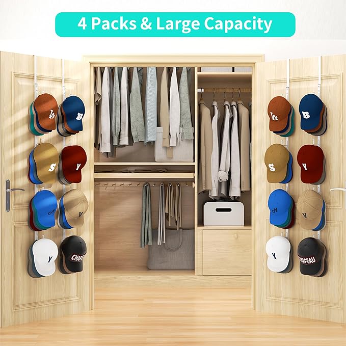 HapiRm Over Door Hat Rack - 4 Packs Metal Hanging Hat Organizer with 16 Hooks Design, Baseball Cap Hanger Organizer Storage Holds up to 80 Caps for Door, Bedroom, Closet(White)