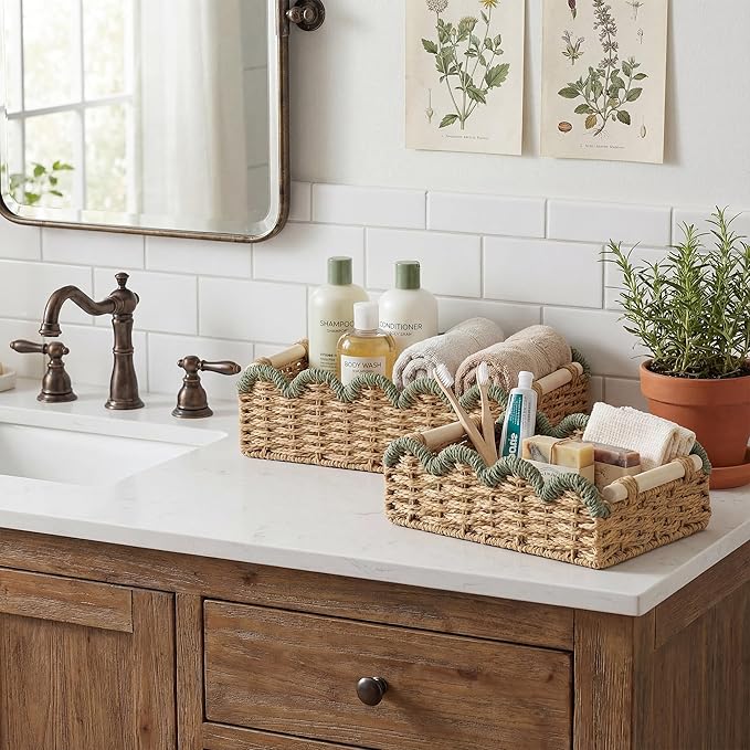 StorageWorks Toilet Paper Storage Basket 2 Pack, Toilet Basket with Wooden Handles, Small Wicker Decorative Scalloped Baskets for Organizing, Shelves, Counters, Green Rope