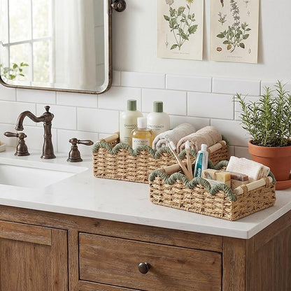 StorageWorks Toilet Paper Storage Basket 2 Pack, Toilet Basket with Wooden Handles, Small Wicker Decorative Scalloped Baskets for Organizing, Shelves, Counters, Green Rope