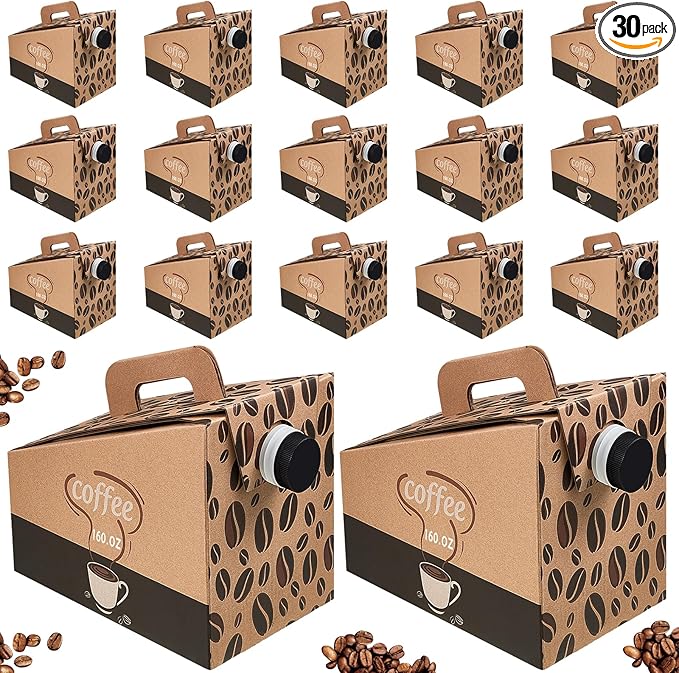 Dandat 30 Pack Disposable Coffee Dispenser Box 96 oz - Thick Hardboard Insulated Coffee to Go Container with Handle & Lids, Hot Cold Bulk Beverage Dispenser for Parties, Catering, Take Out