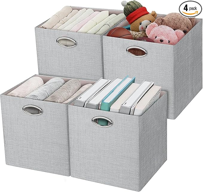 Posprica Storage Cubes, 12×12 Collapsible Storage Basket Bins,Heavy Duty Fabric Containers, 4pcs, Sliver Grey