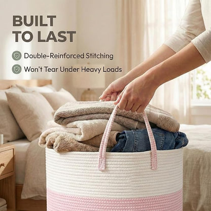 JMvicyroam 115L Extra Large Blanket Basket for Living Room - Woven Cotton Rope Laundry Hamper with Reinforced Handles - Storage Bin for Pillows, Comforters & Toys - Machine Washable,White&Pink