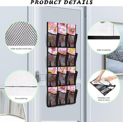 Pink Highland Cattle Shoe Organizer for Door Hanging Mesh Fabric Kids Room Organizer with 12 Pockets,Easy to Install Over The Door Storage -4 Metal Hook
