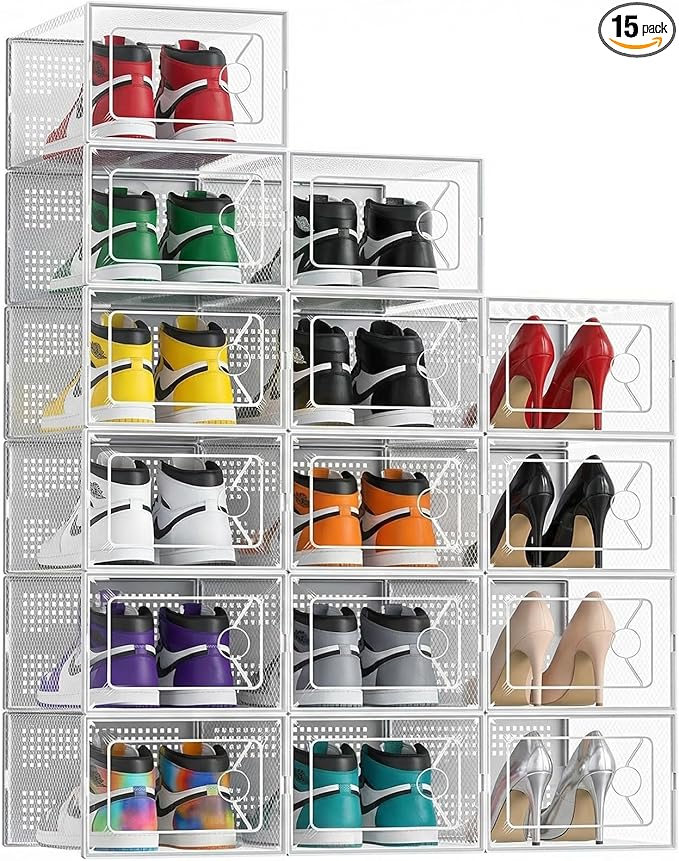 NEWBULIG 15 Pack Clear Shoe Storage Boxes, Stackable Sneaker Storage Case with Lids, Shoe Display Containers Organizer for Closet, Under Bed, Entryway, White