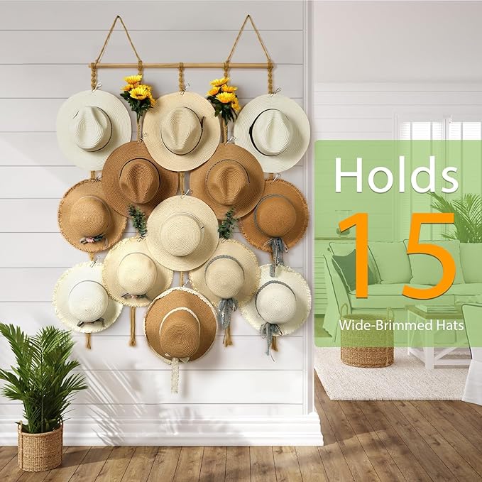 Macrame Hat Organizer Rack for Wall 15 Clips 31x66in Large Fedora Hat Hangers Display for Wide Brimmed Hat Holder Storage Boho Decor for Fedora Sun Straw Panama Closet Bedroom Brown