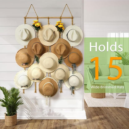 Macrame Hat Organizer Rack for Wall 15 Clips 31x66in Large Fedora Hat Hangers Display for Wide Brimmed Hat Holder Storage Boho Decor for Fedora Sun Straw Panama Closet Bedroom Brown