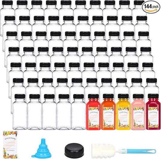 Moretoes 144pcs 8oz Plastic Bottles with Lids, Reusable Juice Bottles, Clear Bulk Juice Containers with Caps for Juicing, Smoothies, Drinking and Other Beverages