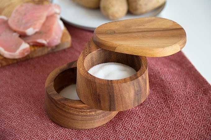 Ironwood Gourmet Double Layer Swivel Salt Cellar Box, Acacia Wood