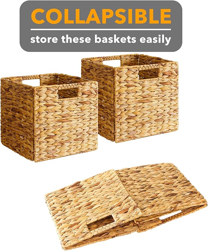 SpaceAid 4 Pack Wicker Basket, Storage Baskets for Organizing, Woven Rattan Basket with Handles for Shelves, Water Hyacinth Large Cube Organizer Storage Bin, 12x12x12 inch, Natural