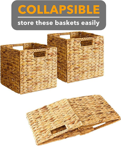 SpaceAid 4 Pack Wicker Basket, Storage Baskets for Organizing, Woven Rattan Basket with Handles for Shelves, Water Hyacinth Large Cube Organizer Storage Bin, 12x12x12 inch, Natural