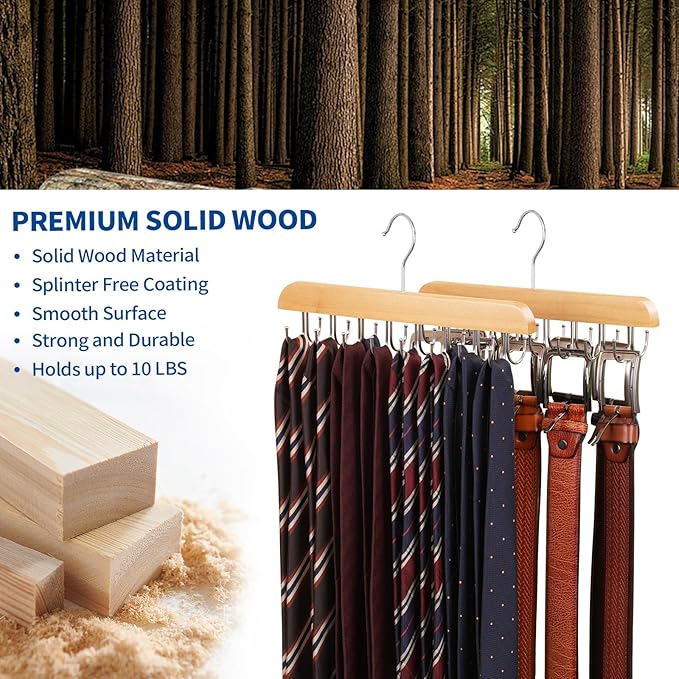 Belt Hanger for Closet, 2 Pack Closet Organizers and Storage Belt Rack Max 48 Belts, Multifunction Wooden Hanger Tie Rack