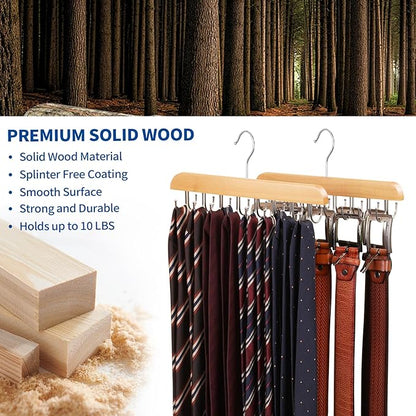 Belt Hanger for Closet, 2 Pack Closet Organizers and Storage Belt Rack Max 48 Belts, Multifunction Wooden Hanger Tie Rack