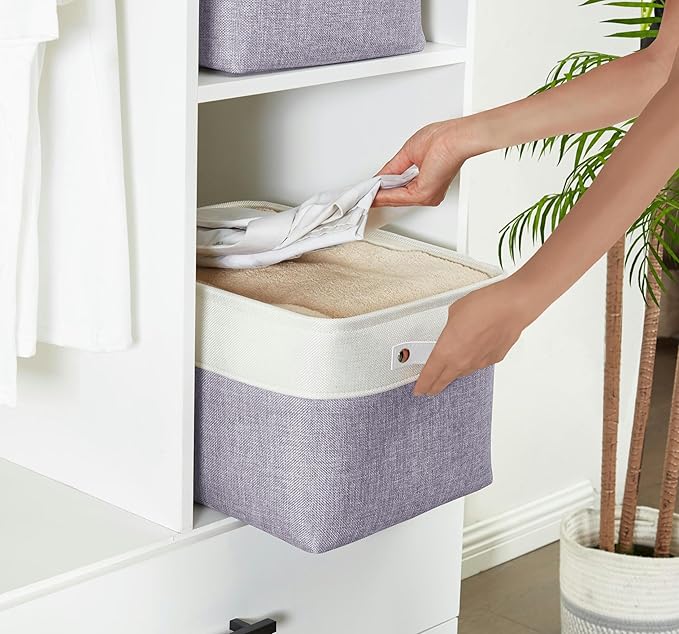 DECOMOMO Storage Bins, Large Fabric Storage Baskets for Shelves, Decorative Linen Closet Organizer, 15 x 11 x 9.5 inches (Purple & White, 3 Pack)