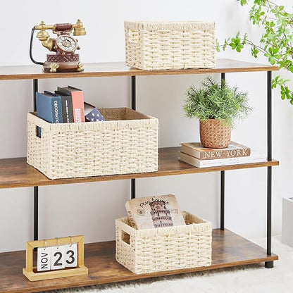 Vagusicc Wicker Storage Basket, Set of 3 Wicker Basket, Hand-Woven Paper Rope Storage Baskets for Organizing, Large Cube Storage Organizer Bins Baskets for Shelves Small Toilet Paper Baskets, Beige