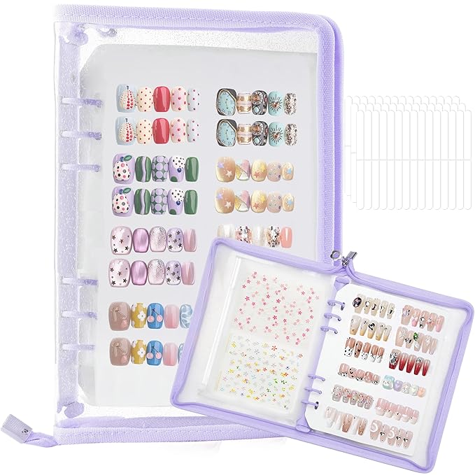 18PCS Press On Nail Organizer Clear Empty Press on Nail Packaging Set with 8 Insert Pages,8 nail double tape and 1 Zipper Pocket for Fake Nail Storage Nail Art Salon (purple)
