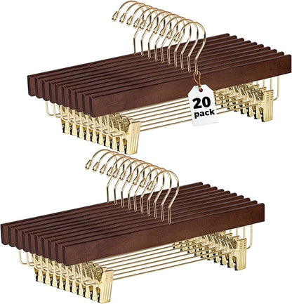 Quality Hangers Wooden Pants Hangers - 20-Pack Swivel Hook Cloth Hanger Set - Lotus Wood Skirt, Pant, Shorts and Slack Hangers with Adjustable Clip (Walnut - Gold Hook, 20)