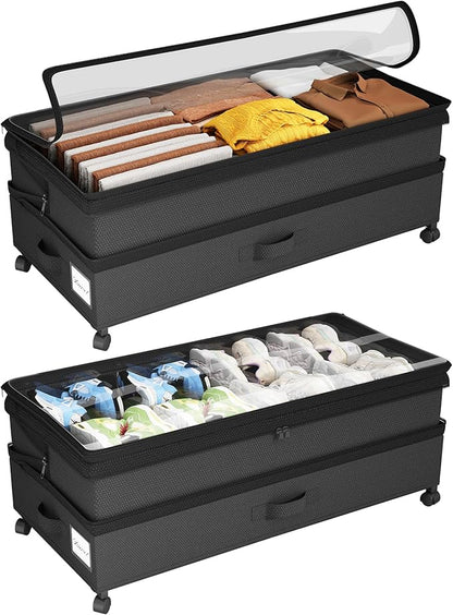 Kitstorack 2Pack Height-adjustable Under Bed Storage with Wheels, Under Bed Storage Containers,Under Bed Shoe Storage Organizer with Clear Window&Label, Suitable for Clothes Storage, Black