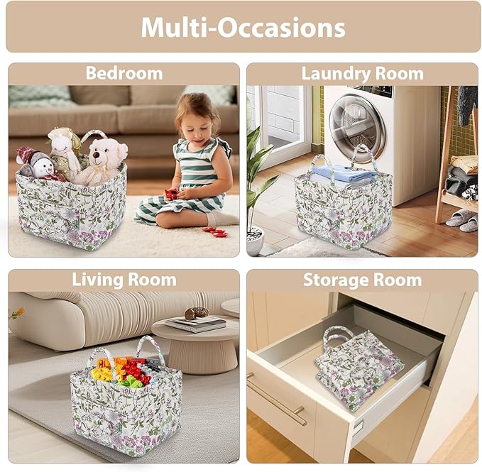 Storage Basket Boho Fabric Large Collapsible Floral Laundry Nursery Hamper Portable Folding Storage for Clothes Toys (Purple)