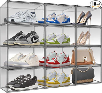 10 Pack Black Shoe Box Clear Shoe Organizer for Closet Acrylic Display Case Transparent Plastic Stackable Shoes Storage Box Handbag Organizer with Magnetic Lid, Size 14