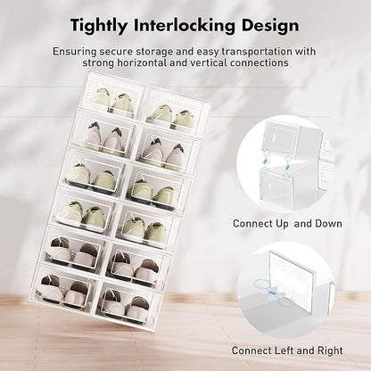 Foluck Shoe Storage Box, 15 Pack Clear Plastic Stackable Shoe Organizer for Closet, Interlocking Design Shoe Container Bins for Sneakers, Foldable Shoe Rack with Lids, White