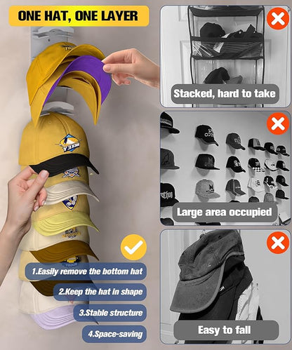 Hat Organizer for Baseball Caps 2 Pack, Hat Rack for Wall Hold up to 20 Hats with Strong Adhensive, Hats Holder Hanger Space Saving for Displlay, Cap Organizer Storage Multilayer(Grey)