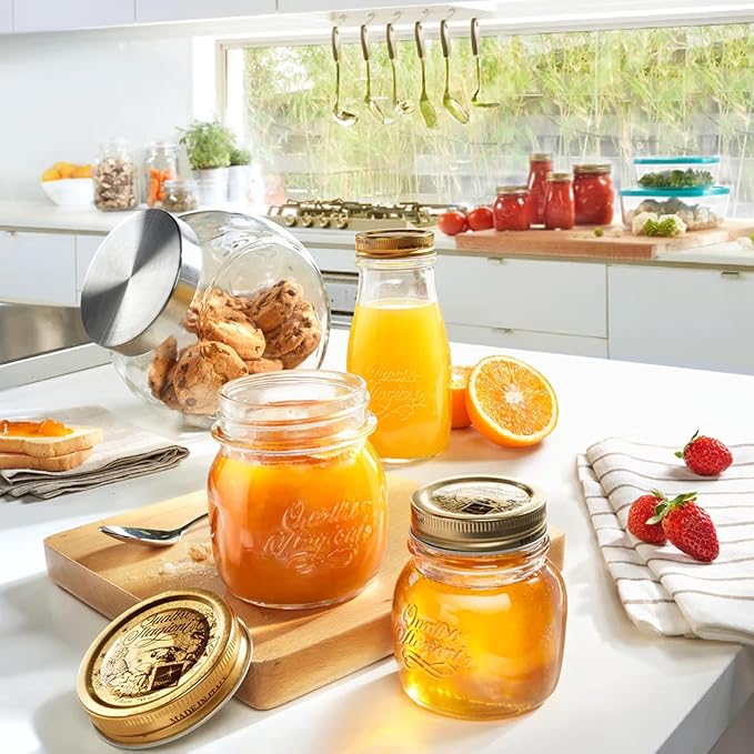 Bormioli Rocco Quattro Stagioni Bottles – 6.75 Oz. Glass Jars with Twist Top Lids, Embossed Beehive Design – For Canning, Drinks, Gifts, Food Storage & Table Décor – Made in Italy (Set of 4)