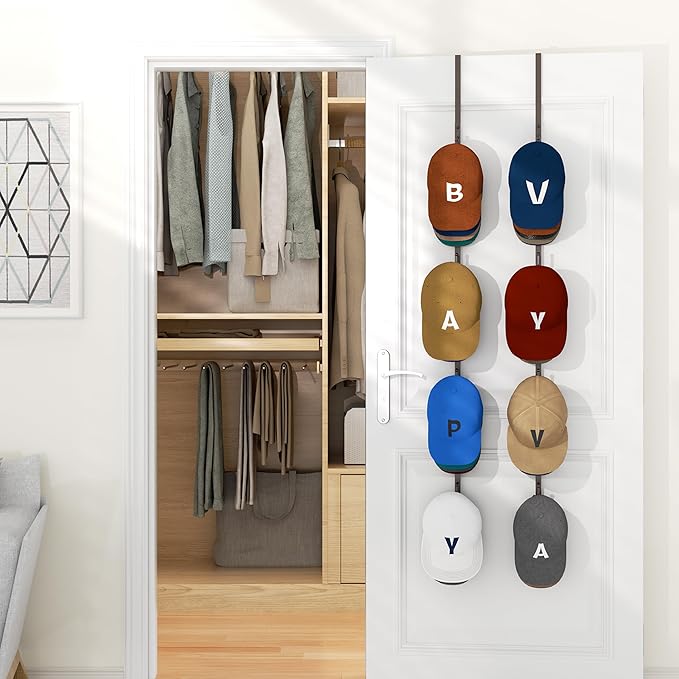 HapiRm Over Door Hat Rack - 2 Packs Hat Organizer with 8 Hooks Design, Hanging Baseball Cap Organizer Storage Holds Up to 40 Caps for Door, Bedroom, Closet (Brown)