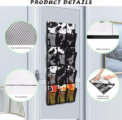 Over the Door Organizer with 12 Mesh Pockets, Storage Hanging Bag Behind the Door for Shoes Toys Cleaning Supplies, Perfect for Bedroom Bathroom or College Dorm, Cowhide and Flame