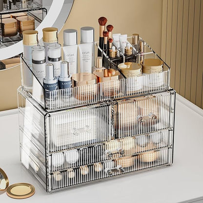 ZHIAI Stackable Storage Drawers, Acrylic Bathroom Counter Organizer Clear Makeup Organizers for Vanity, Kitchen Cabinets, Bathroom, Undersink, Home Organization and Storage (1 Top 4 Drawers D)