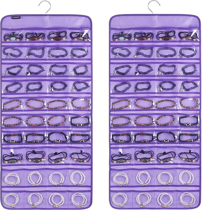 80 Pockets Hanging Jewelry Organizer for Holding Jewelries Dual-Sided Accessory Display Holder for Earrings Bracelets Rings (80 Pockets-Purple)