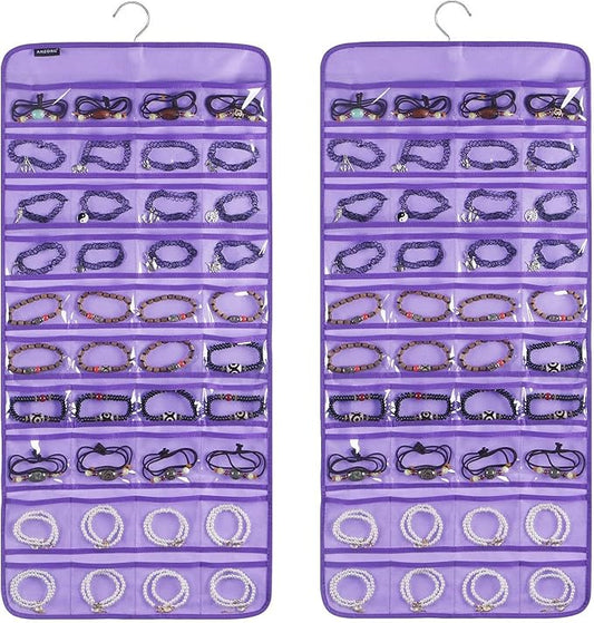 80 Pockets Hanging Jewelry Organizer for Holding Jewelries Dual-Sided Accessory Display Holder for Earrings Bracelets Rings (80 Pockets-Purple)