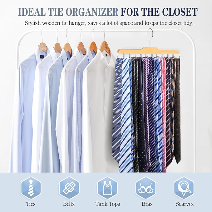 Tie Rack Hanger for Closet Fitnice Upgraded Non Slip Tie Holder Organizer Space Saving with 20 Foldable Hooks Wooden Belt Hanger for Tank Tops Bras Cami Scarves