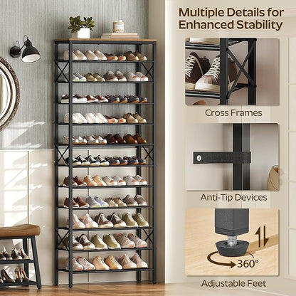 YATINEY 12 Tier Shoe Rack, Large Capacity Shoe Storage Organizer Holds 48 Pairs, Sturdy and Stable, for Entryway, Hallway, Closet, Dorm Room, Rustic Brown SS12BR