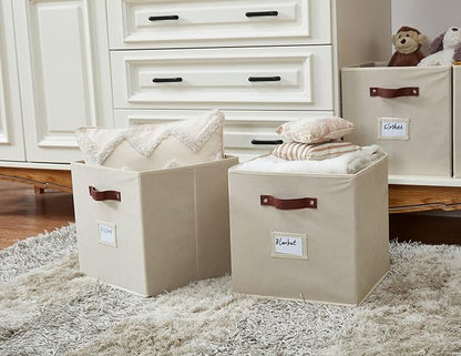 DECOMOMO Storage Bins, Cube Storage Bin with Labels, Fabric Storage Cubes for Shelves (10.5" x 11" / 2pcs, Beige)