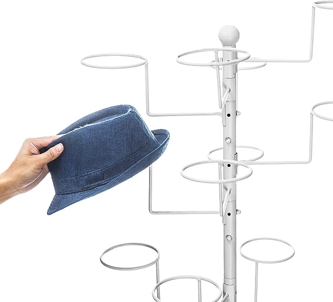 MyGift Hat Rack Stand, Cowboy Hat Display, Baseball Cap Organizer, Retail Wig Holder Storage with 20 Customizable Circular Hooks for Multiple Hats, Hat Tree Freestanding, White Metal