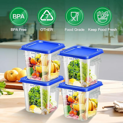 4 pcs 4qt Food Storage Containers with Lid, Square Clear Commercial Food Storage Containers with Handle and Scale for Food Storage in Home Kitchen & Dining (Blue)