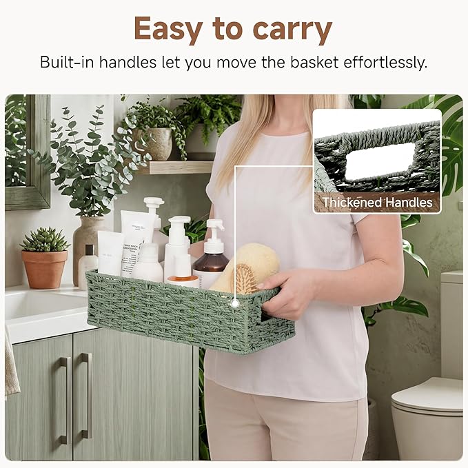 StorageWorks Small Wicker Toilet Basket Tank Topper with Built-in Handles, Toilet Paper Baskets for Back of Tank, Paper Rope Bathroom Basket Organizer and Storage for Sage Green Bathroom Decor, Green