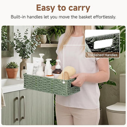 StorageWorks Small Wicker Toilet Basket Tank Topper with Built-in Handles, Toilet Paper Baskets for Back of Tank, Paper Rope Bathroom Basket Organizer and Storage for Sage Green Bathroom Decor, Green