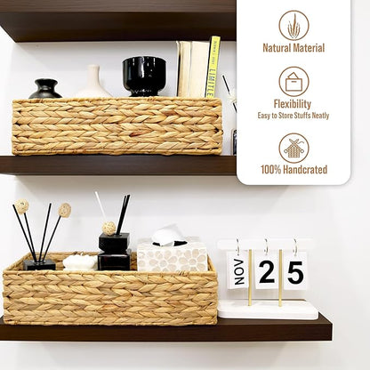 2-Pack Handwoven Water Hyacinth Storage Baskets, Wicker Bins for Pantry Organization, Shelf or Closet Organizer, Decorative Boho Rectangular Basket 15.7" x 6.7"