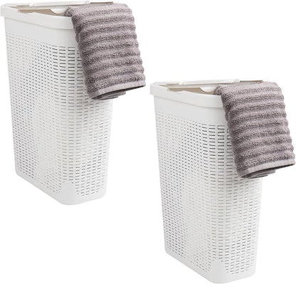 Mind Reader Slim Laundry Hamper with Lid, 40L Clothes Basket, Narrow Tapered Design with Ventilated Cutout Pattern, Plastic, Set of 2, White
