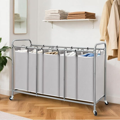 STORAGE MANIAC 5 Section Laundry Sorter, 5 Bins Rolling Separator Laundry Basket, Dirty Clothes Hamper Divider with Heavy Duty Rolling Lockable Wheels, Large Clothes Organizer Cart, Gray