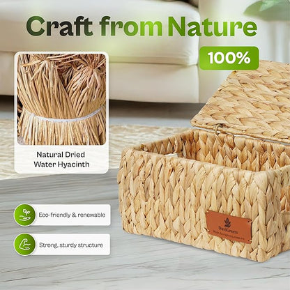 Large Storage Baskets with Lids, Set of 3 Wicker Baskets for Storage, Water Hyacinth Storage Baskets for Shelves, Closet, Blankets, Bedroom & Home Organization
